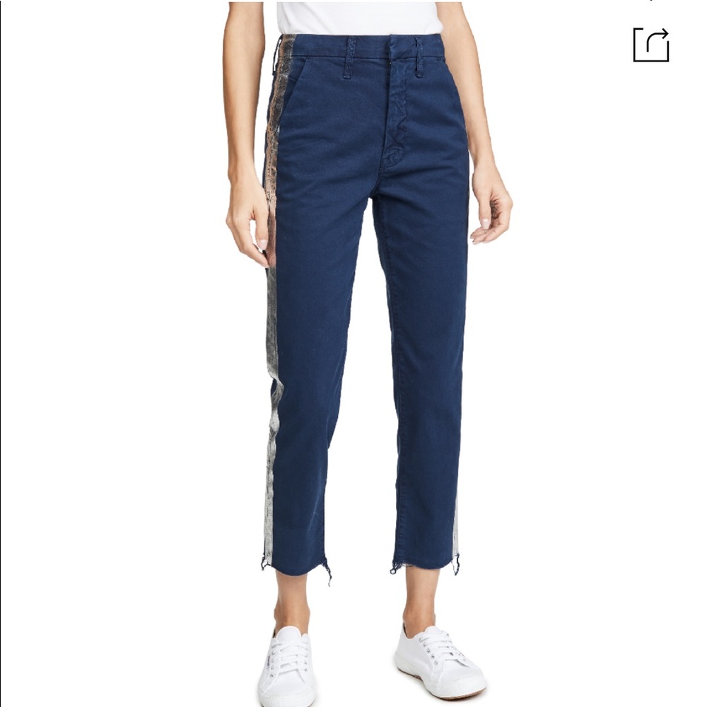 The shaker metallic stripped cropped frayed pants in navy/silver